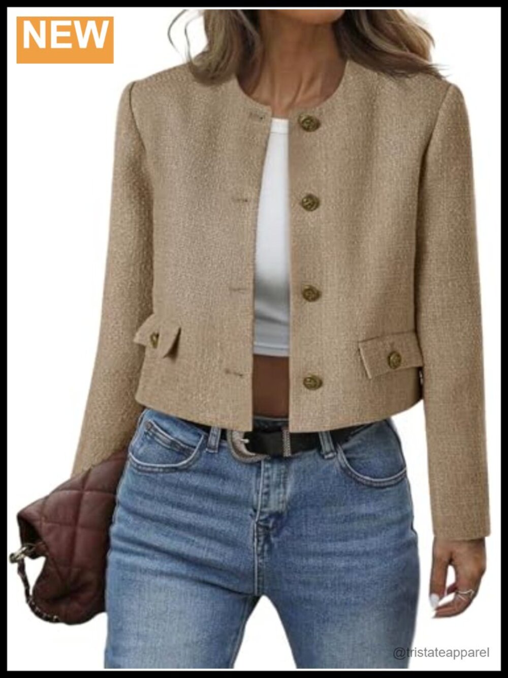 Cropped Tweed Blazer Collarless Metal Button Bomber Jacket